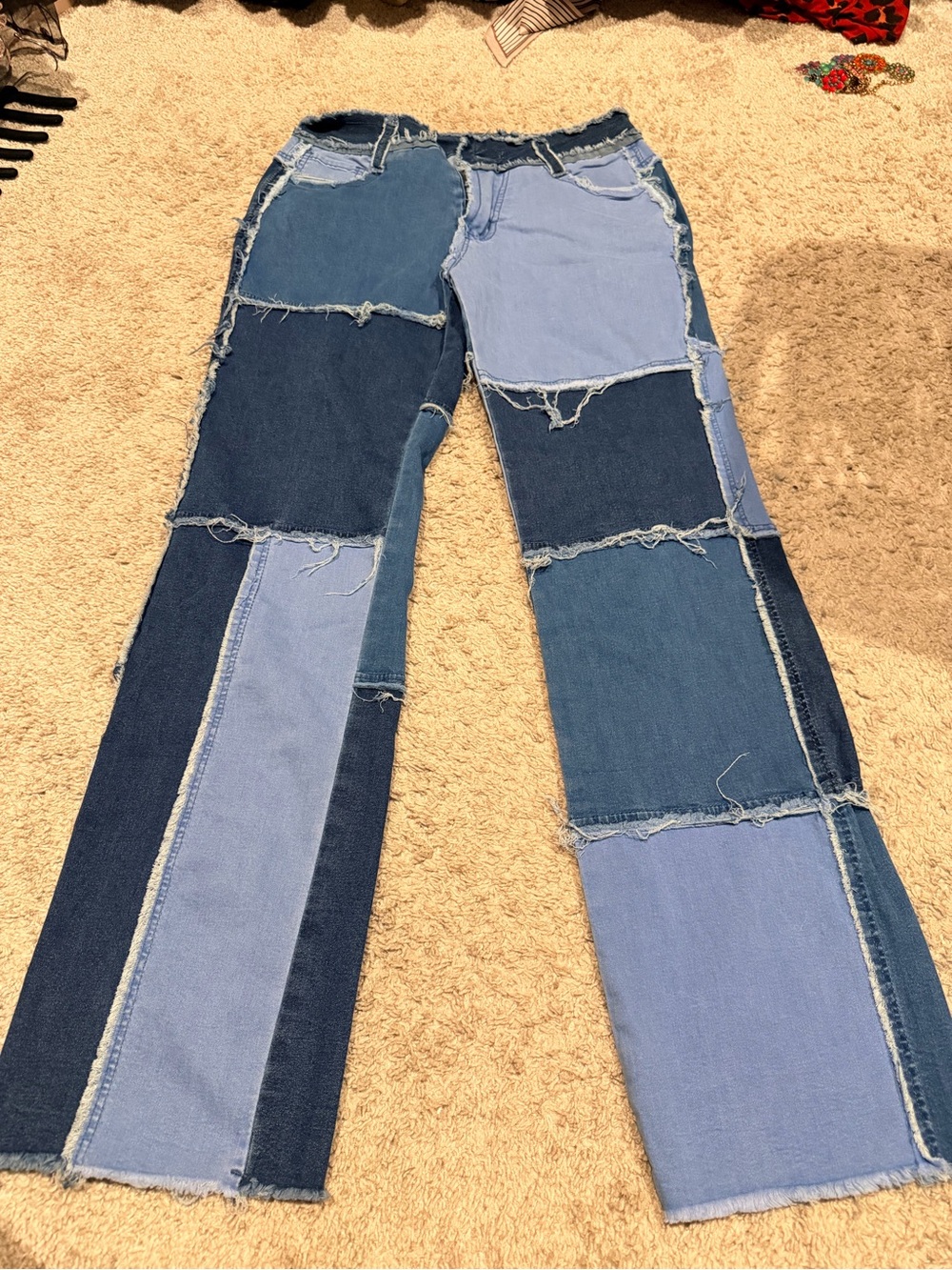 Patchwork High-Waisted Women's Jeans - Blue